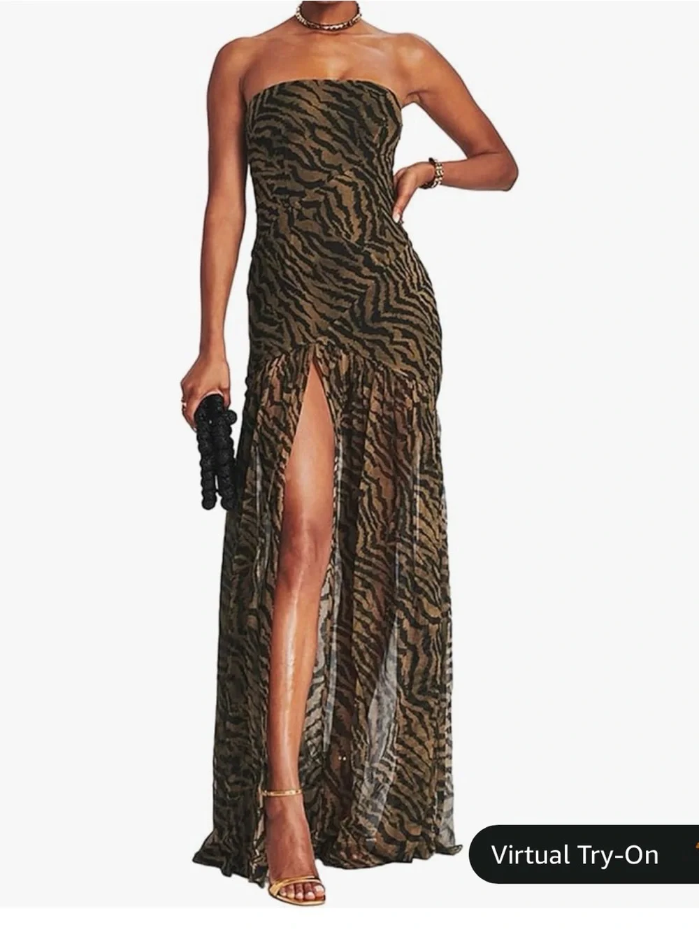 Strapless Tiger Print Maxi Dress with Side Slit - Black & Brown